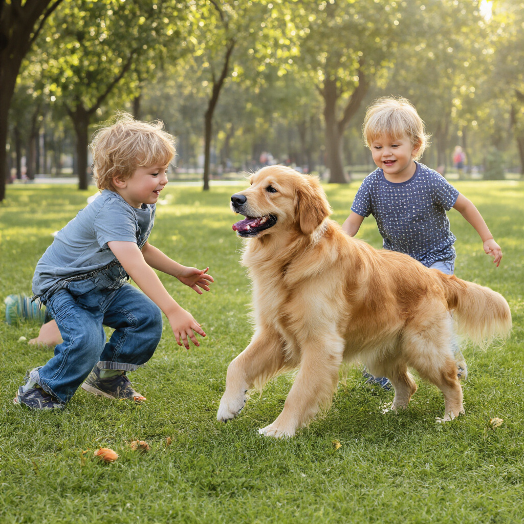 Golden Retriever che gioca dolcemente con due bambini in un parco