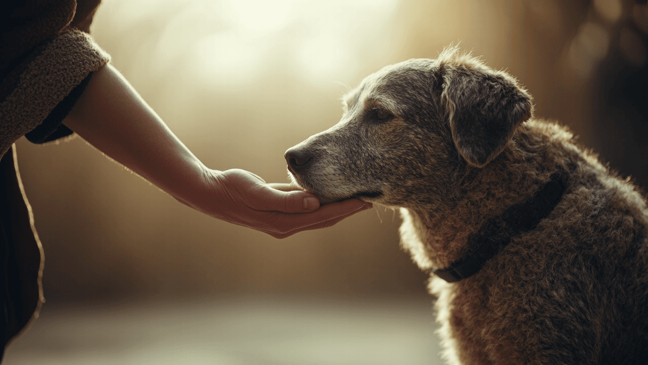 Proprietario che cura amorevolmente un cane anziano