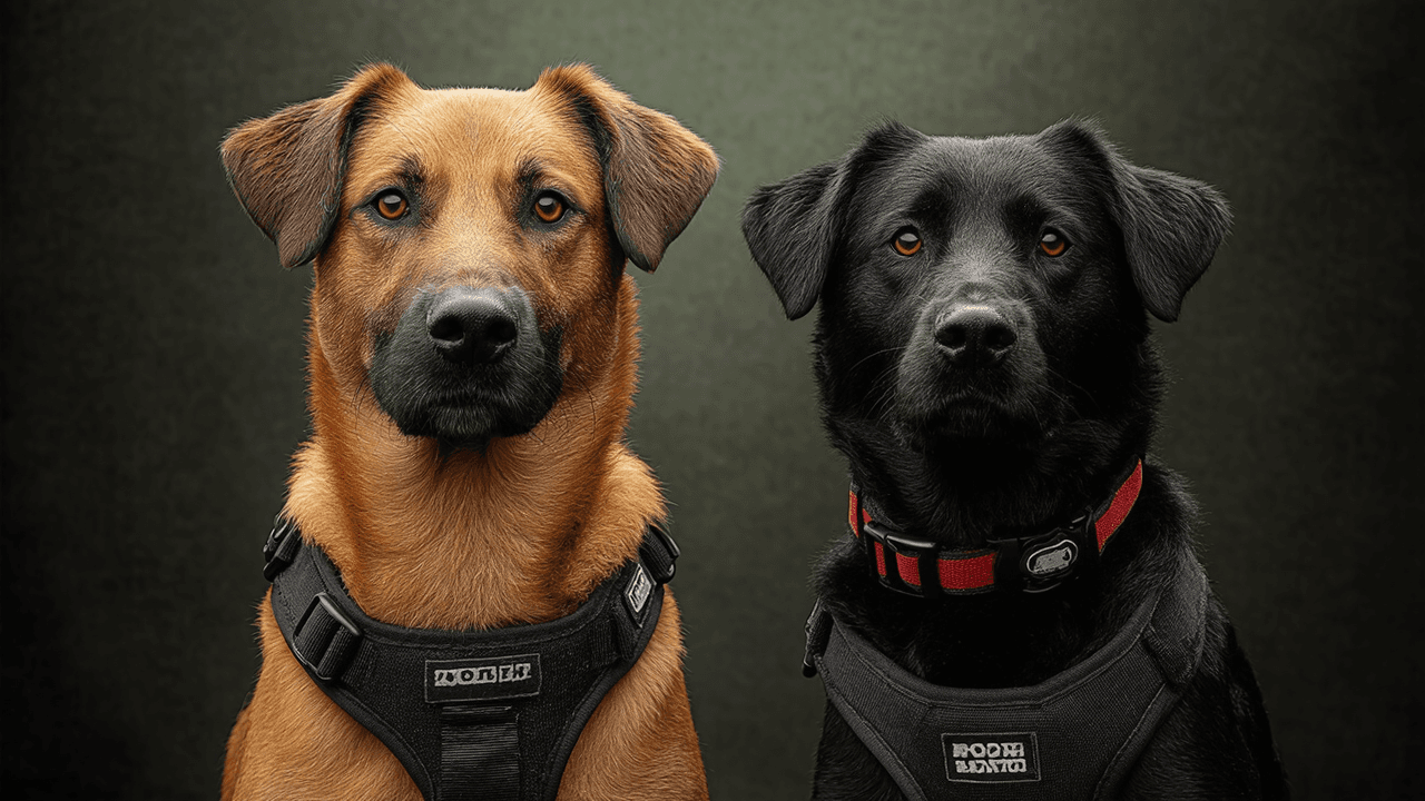 Confronto visivo tra collare e pettorina su cani di diverse taglie