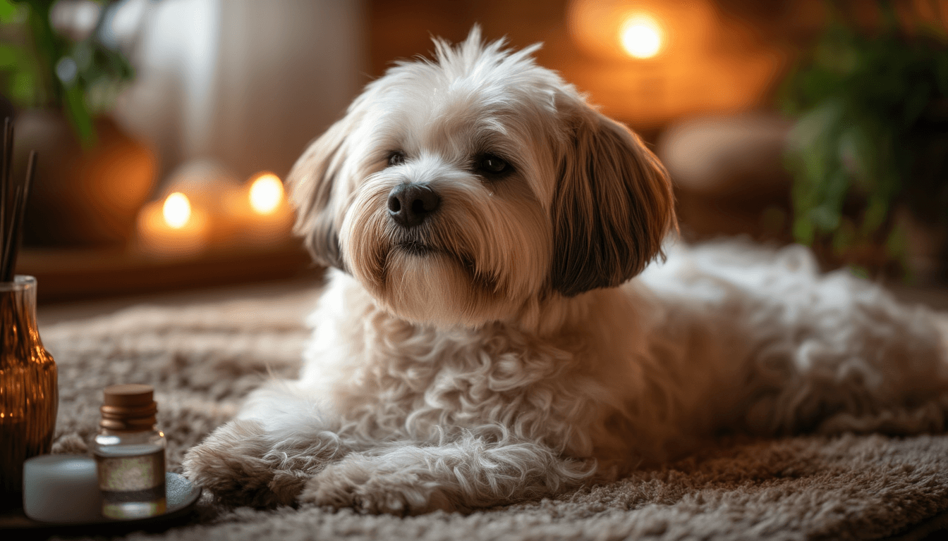 Cane rilassato durante una sessione di aromaterapia con diffusore di oli essenziali