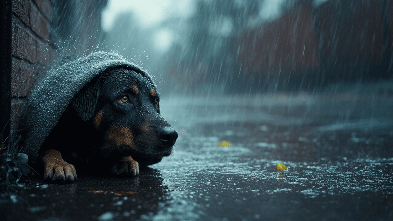 Cane spaventato che si nasconde durante un temporale