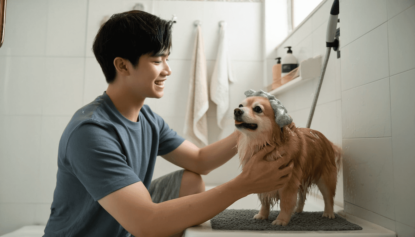 Cane felice durante il bagno con shampoo specifico per animali