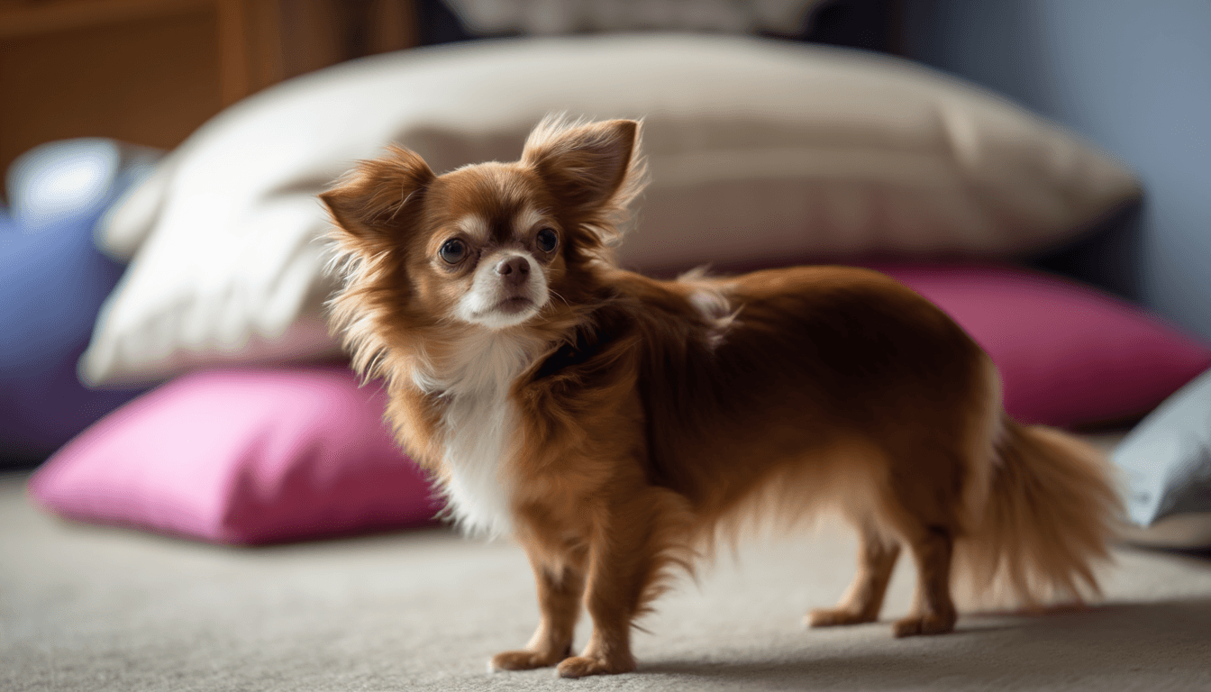 Chihuahua marrone e bianco in piedi su un cuscino colorato