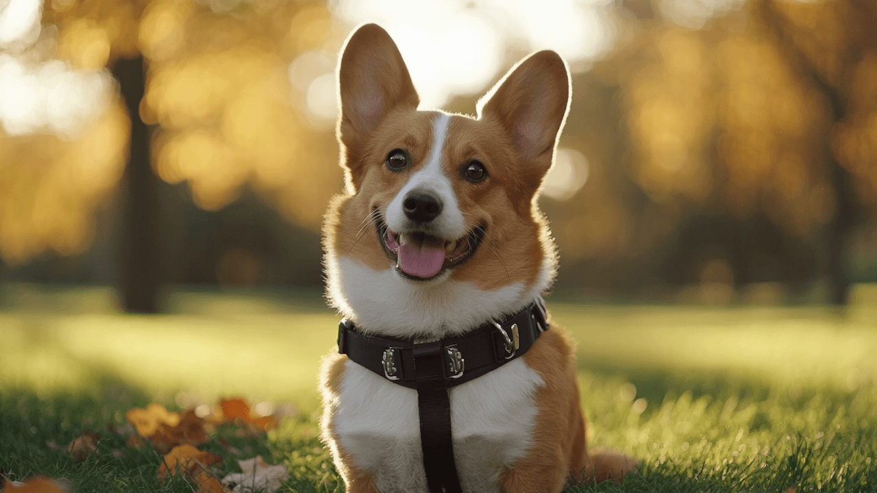 Cane che indossa sia collare che pettorina durante una passeggiata al parco