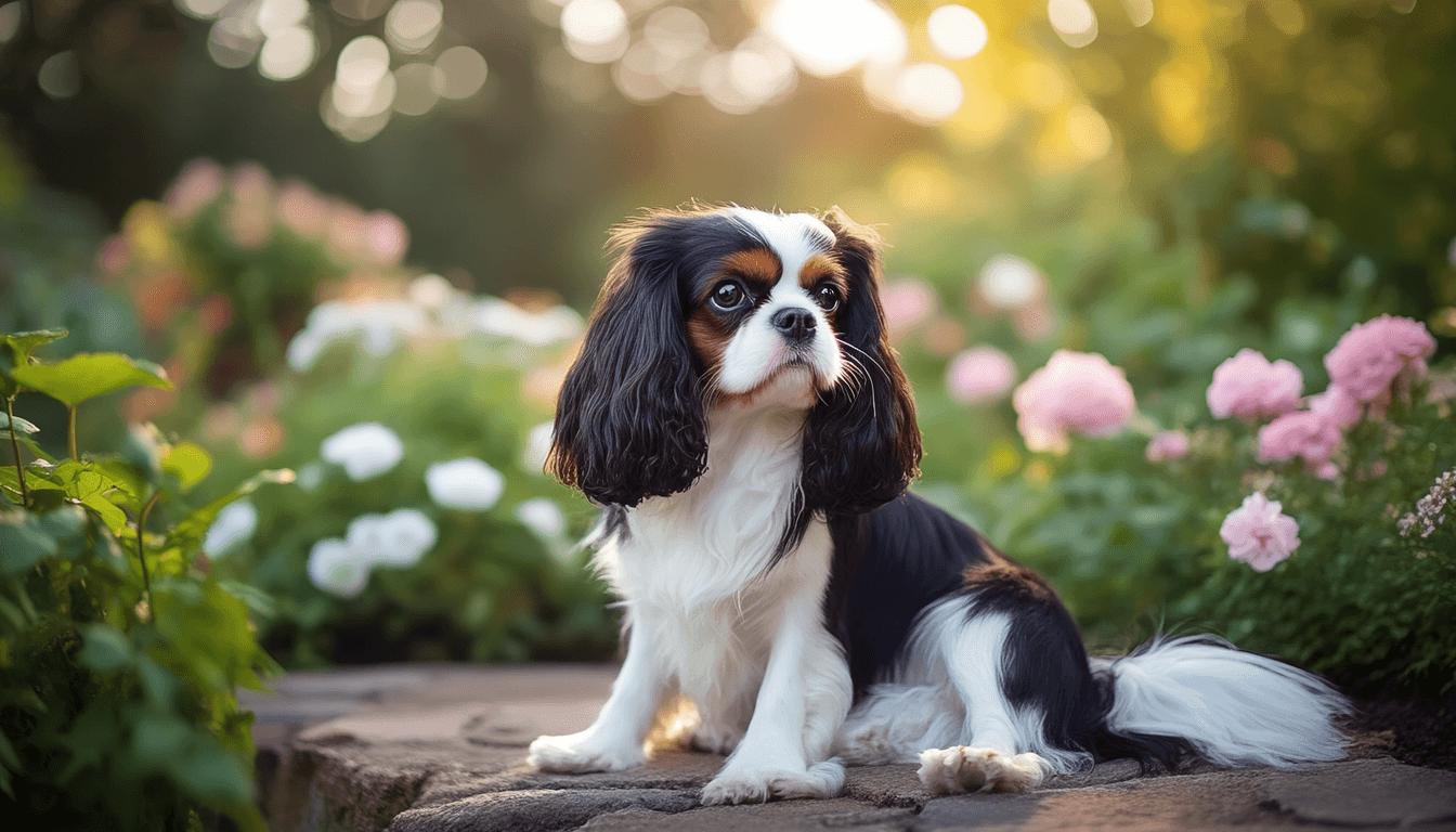Cavalier King Charles Spaniel tricolore seduto in un giardino fiorito