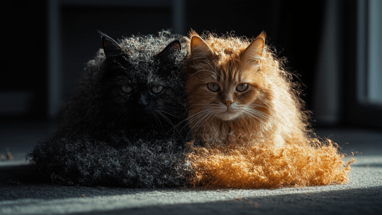 Confronto tra pelo ben curato e trascurato di gatto, evidenziando le differenze di lucentezza e salute