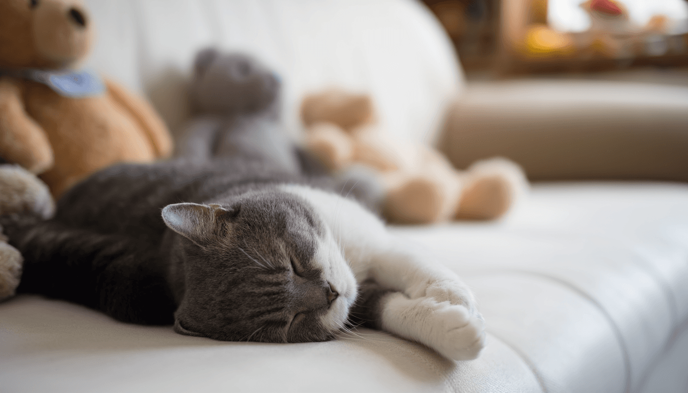 Gatto che fa le fusa rilassato su un divano