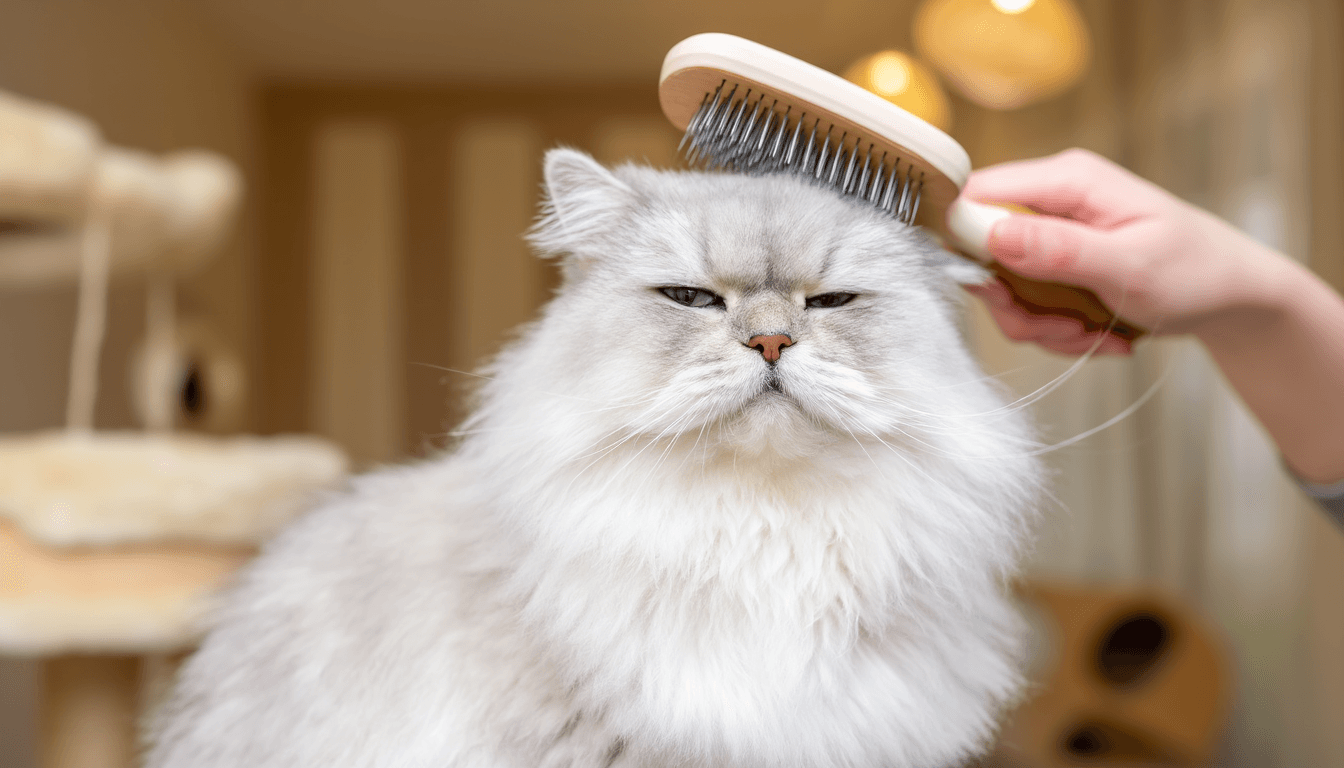 Gatto a pelo lungo che viene spazzolato delicatamente con una spazzola specifica