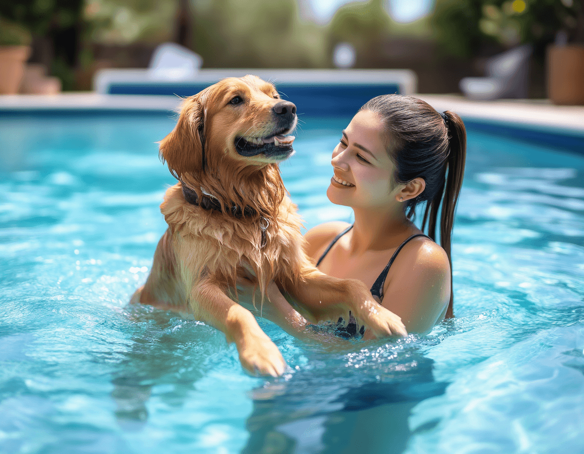 Cane golden retriever che nuota felice in una piscina con il proprietario