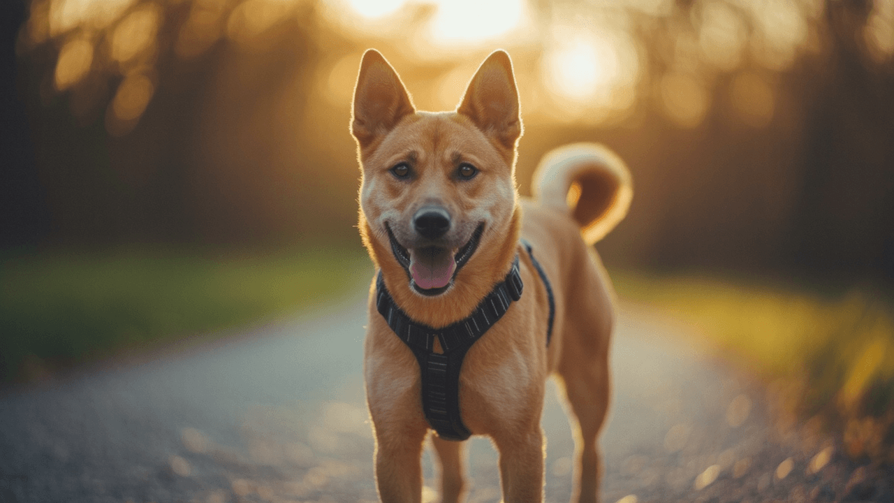 Cane di taglia media che indossa una pettorina durante una passeggiata