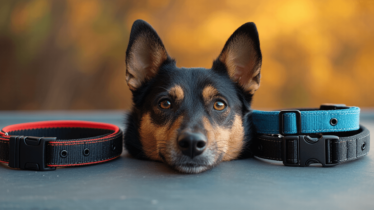 Diversi tipi di collari per cani disposti su una superficie