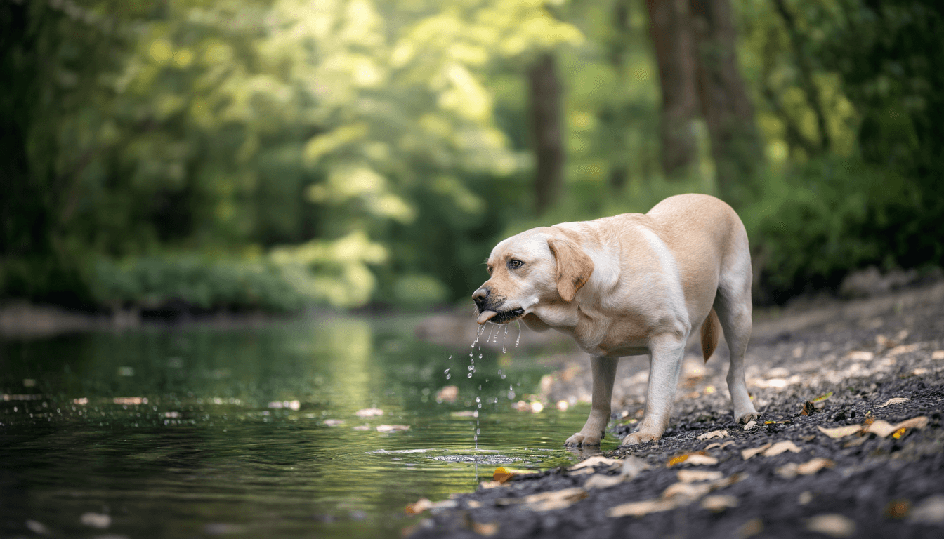Cane che beve acqua fresca all'ombra durante una giornata calda