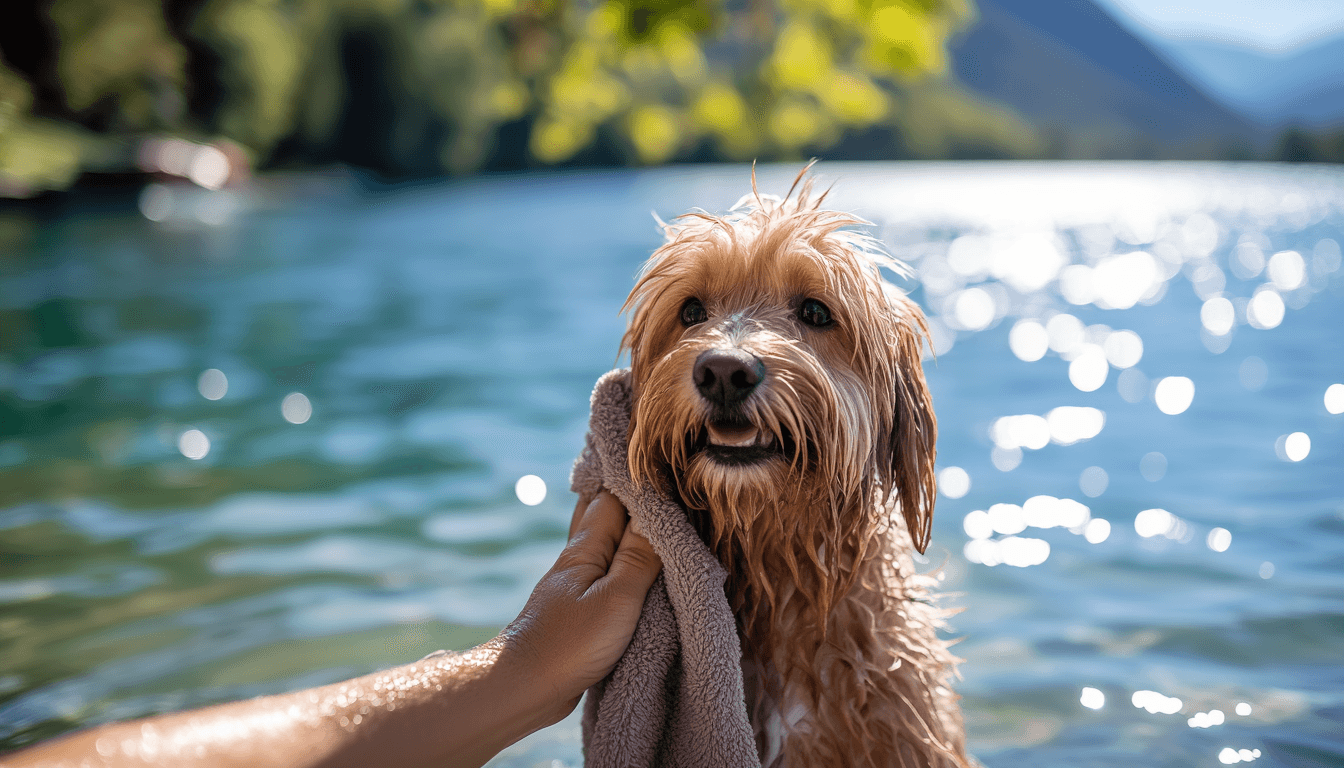 Proprietario che asciuga il suo cane dopo una sessione di nuoto, mostrando le cure post-acqua