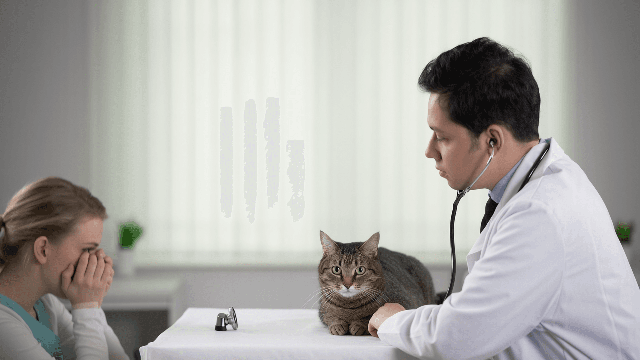 Veterinario che esamina un gatto mentre il proprietario osserva preoccupato