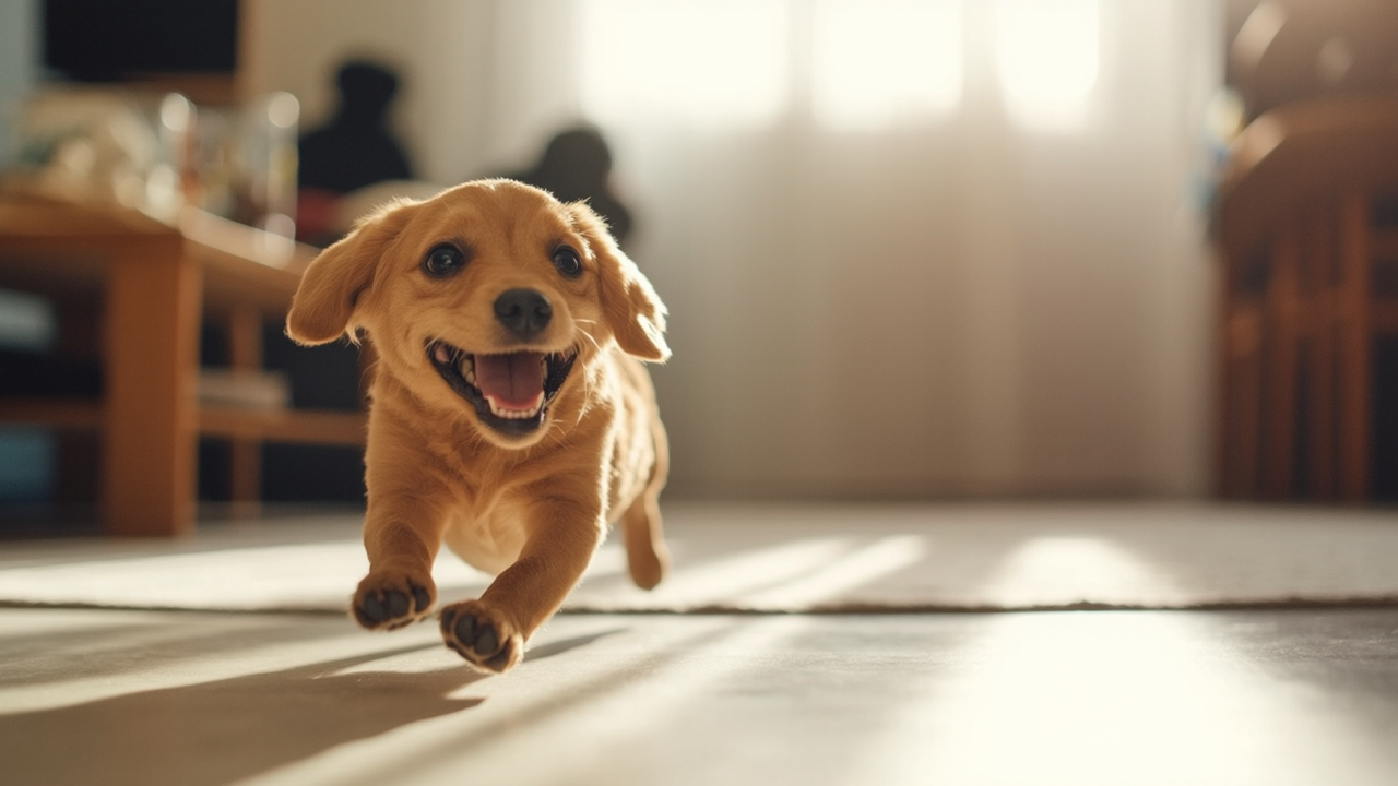 Cane felice che gioca con giochi di intelligenza sicuri in casa
