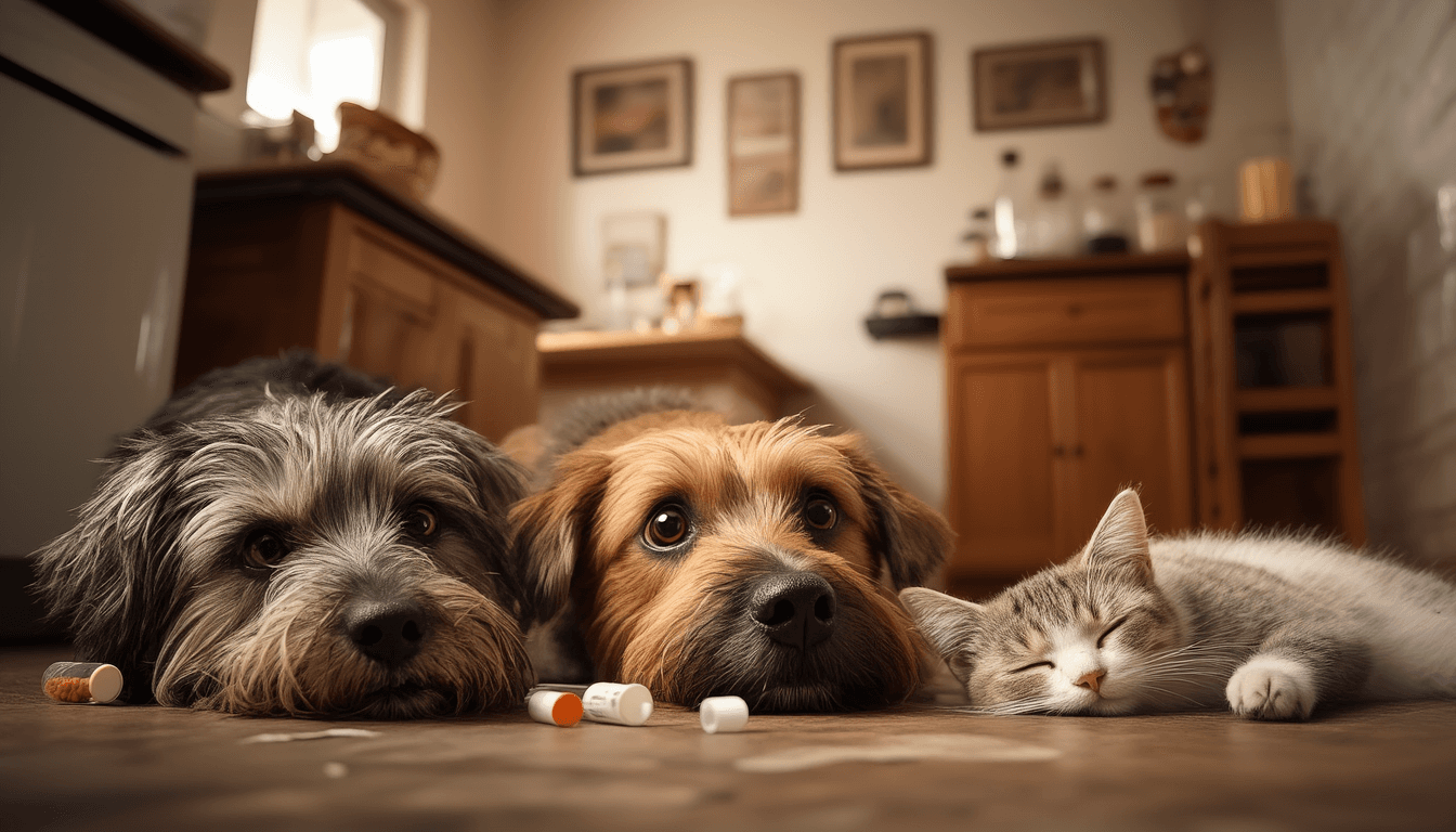 Cane e gatto insieme con simboli di attenzione medica veterinaria