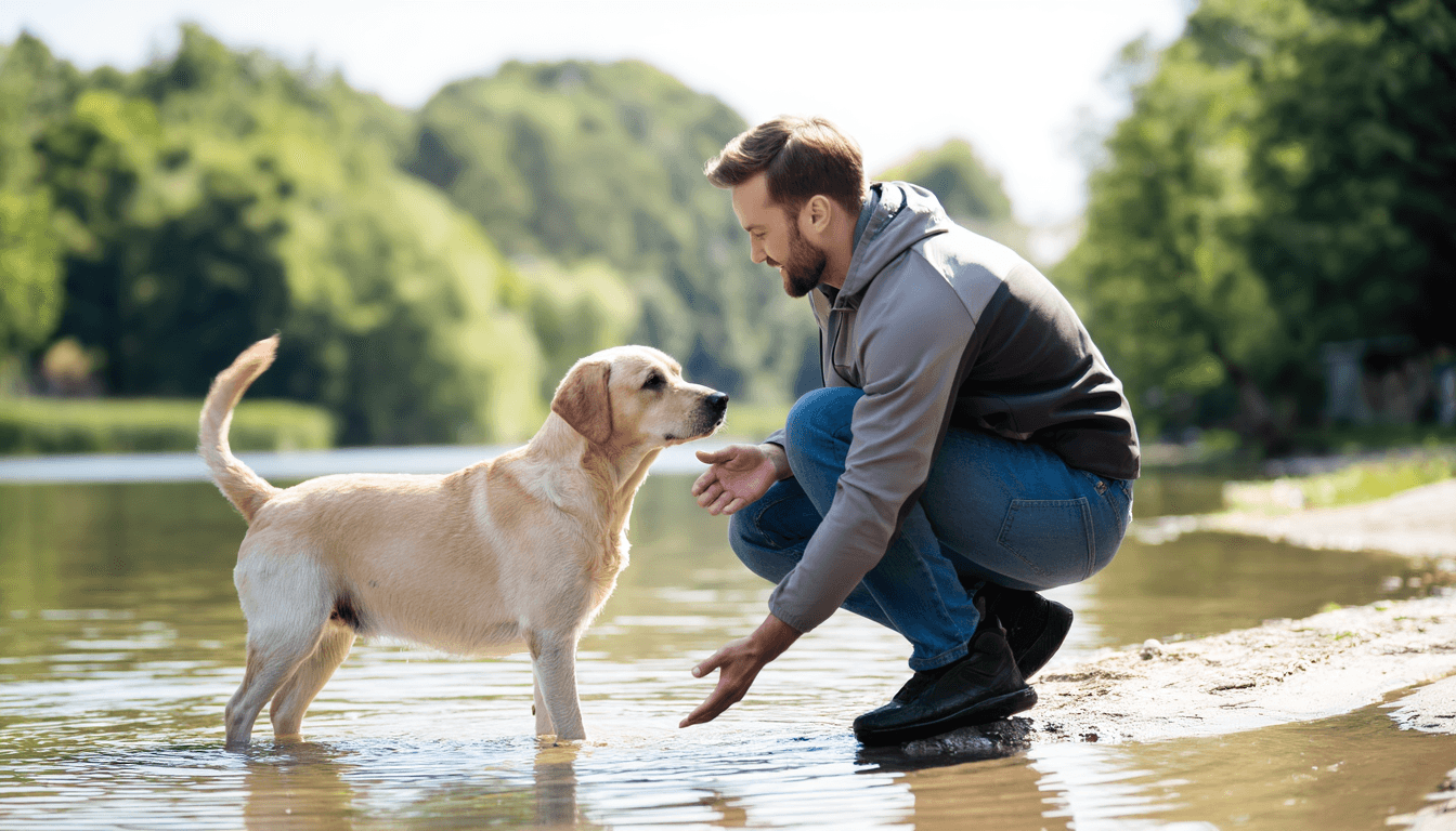 Proprietario che incoraggia il suo cane a entrare in acqua bassa durante una sessione di addestramento