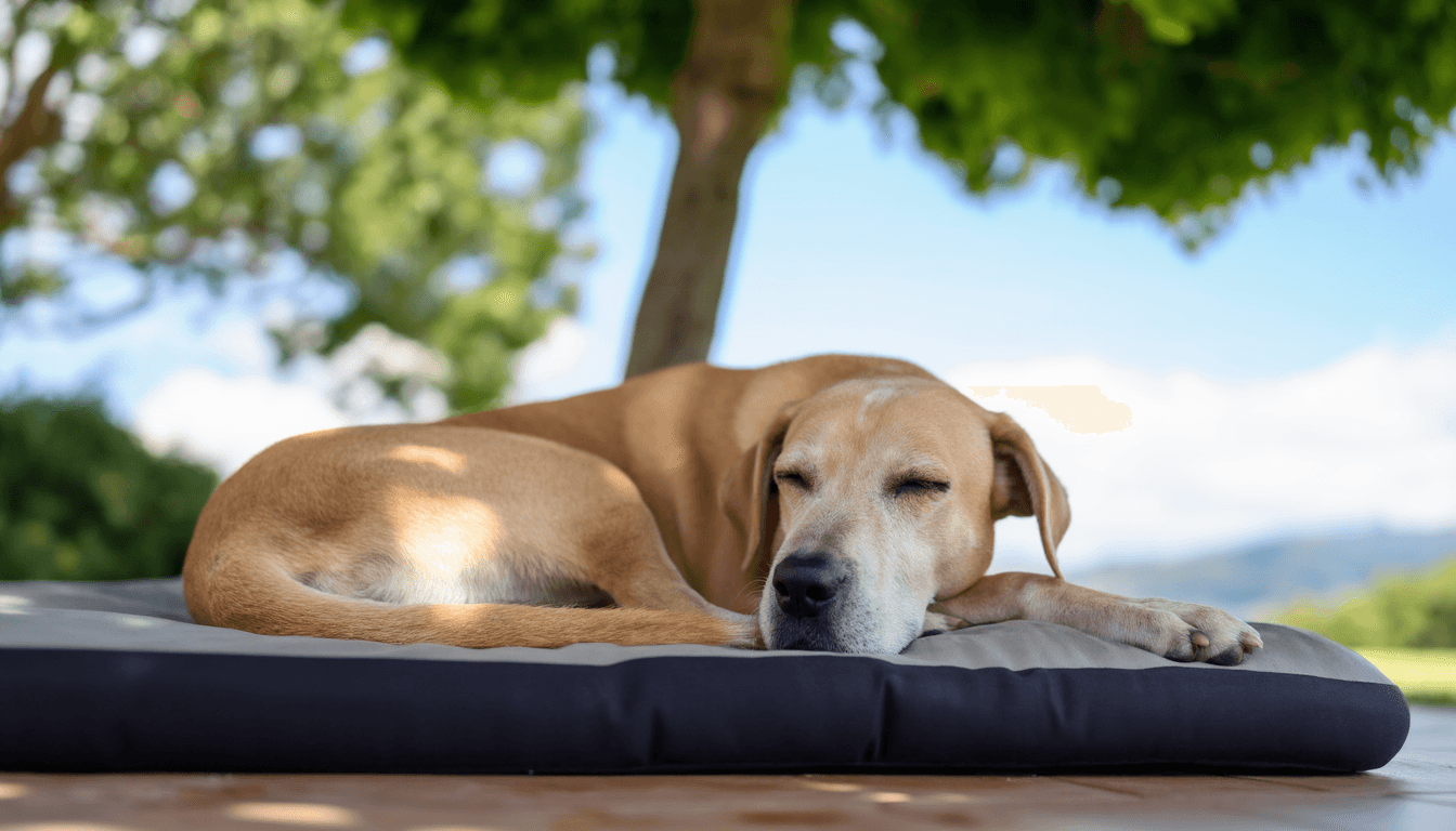 Cane che riposa su un tappetino refrigerante all'ombra