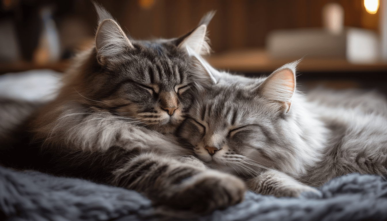 Maine Coon di grandi dimensioni che fa le fusa accoccolato