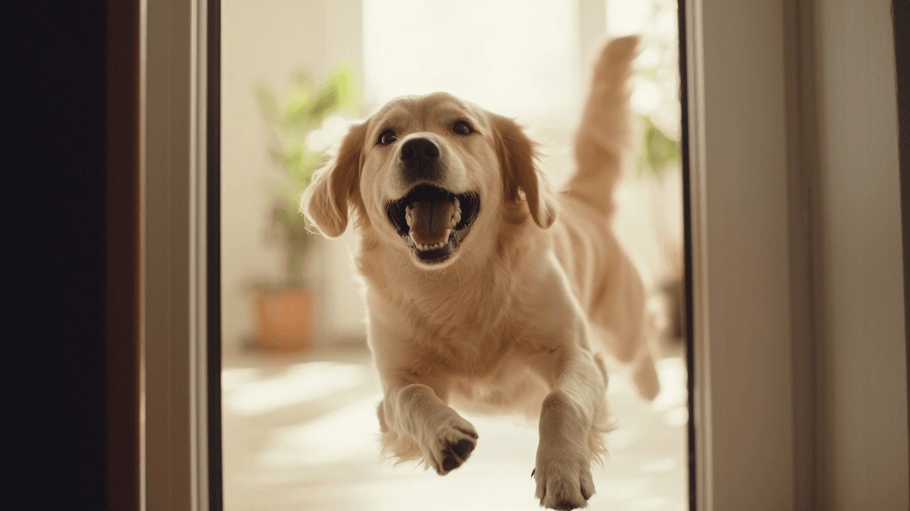 Cane che abbaia felicemente al rientro del proprietario