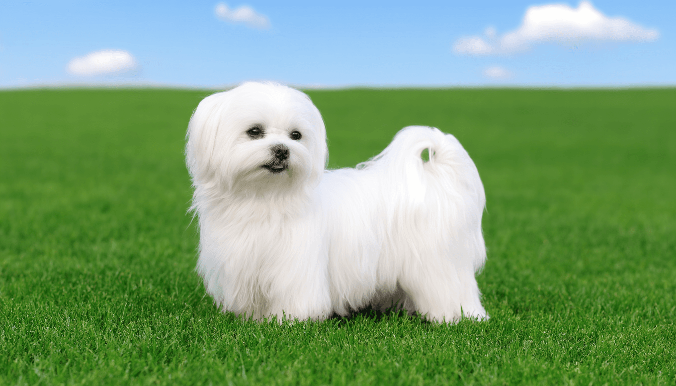 Cane maltese bianco con pelo lungo e setoso su un prato verde