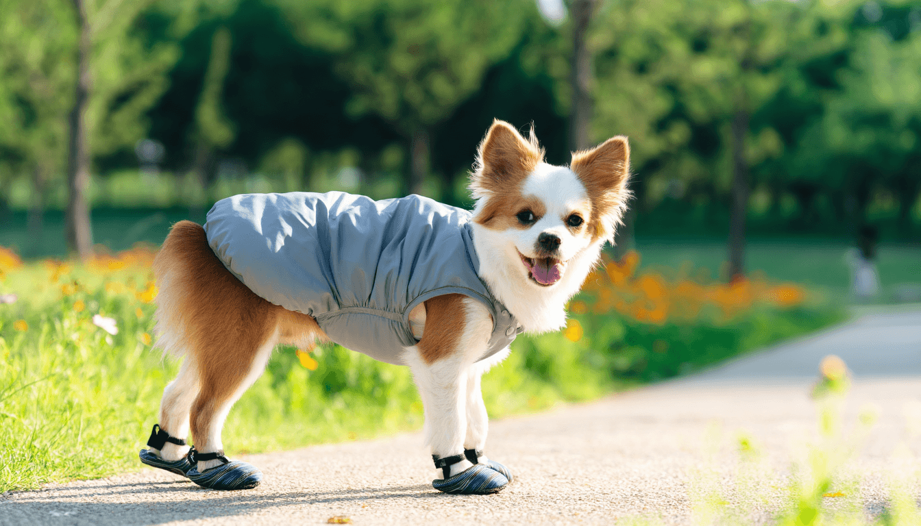Collezione di accessori estivi per cani: tappetino refrigerante, giubbotto e scarpette