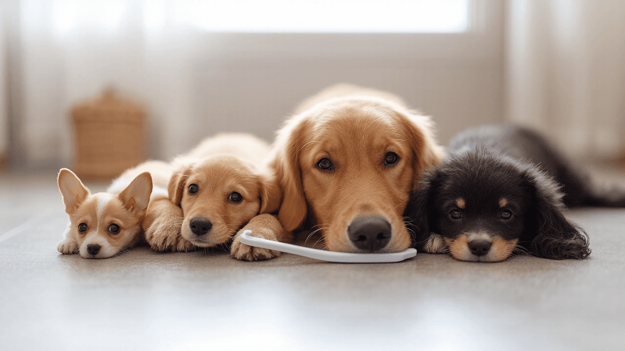 Diversi tipi di spazzolini per cani disposti su una superficie pulita