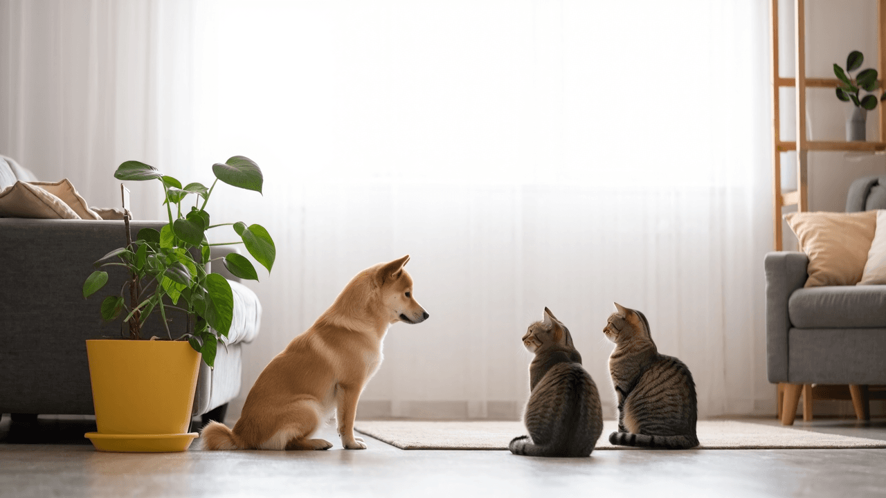 Cane e gatto seduti vicino a piante casalinghe sicure in un soggiorno luminoso