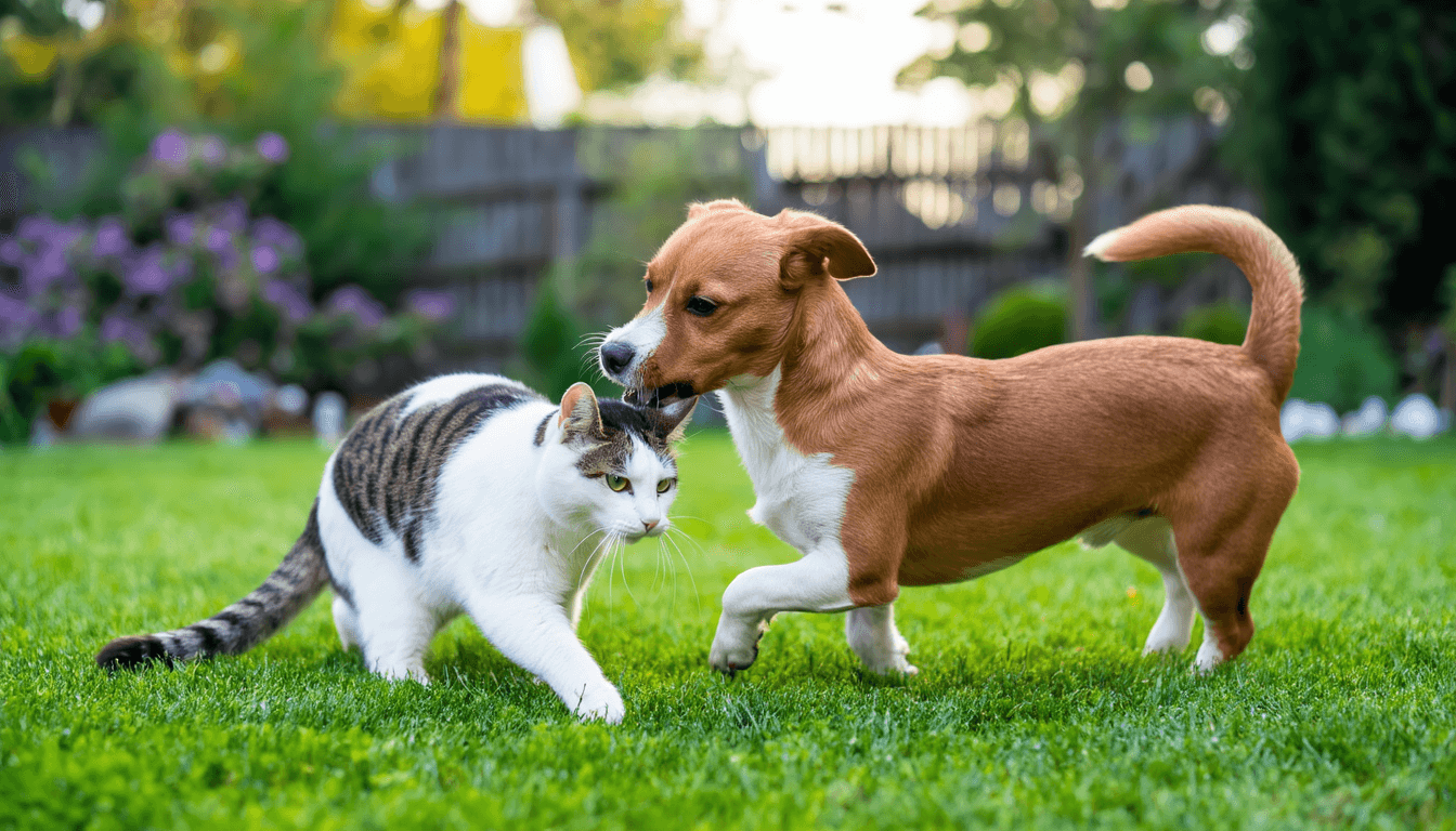 Cane che annusa curioso un gatto seduto su un cuscino