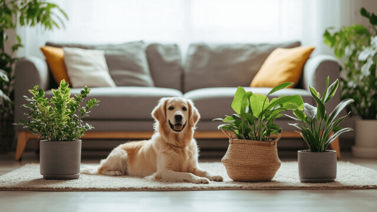 Collezione di piante sicure per animali domestici disposte in un soggiorno moderno