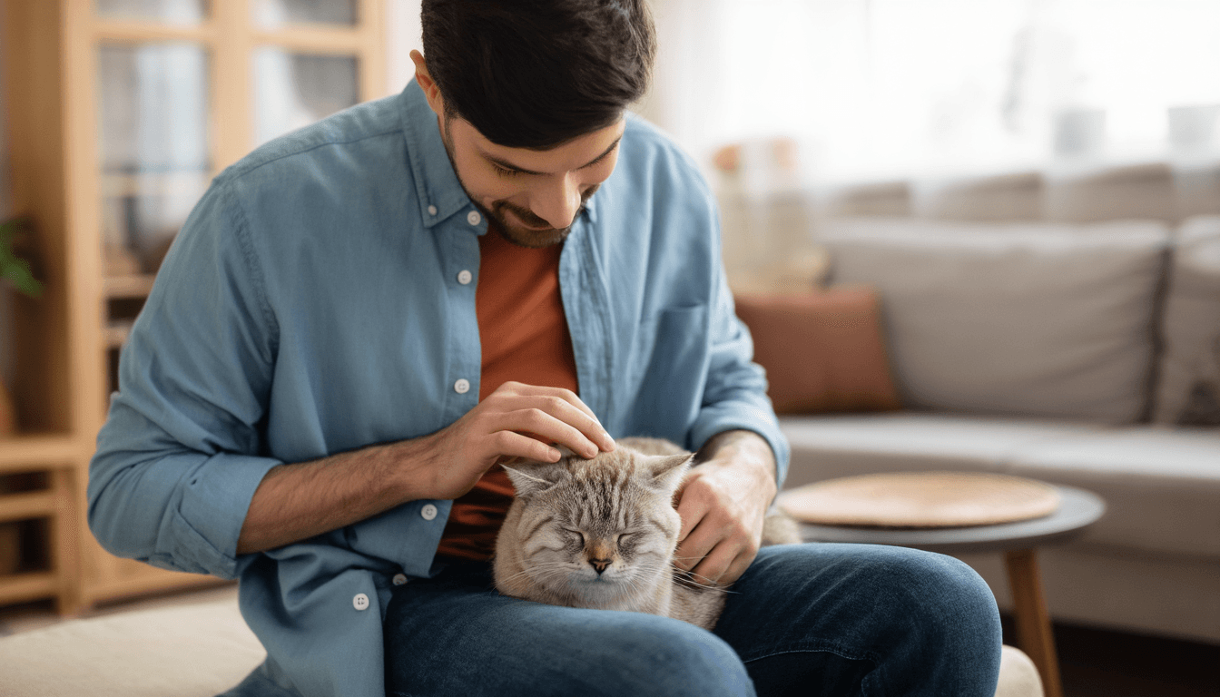 Proprietario che accarezza affettuosamente il suo gatto domestico