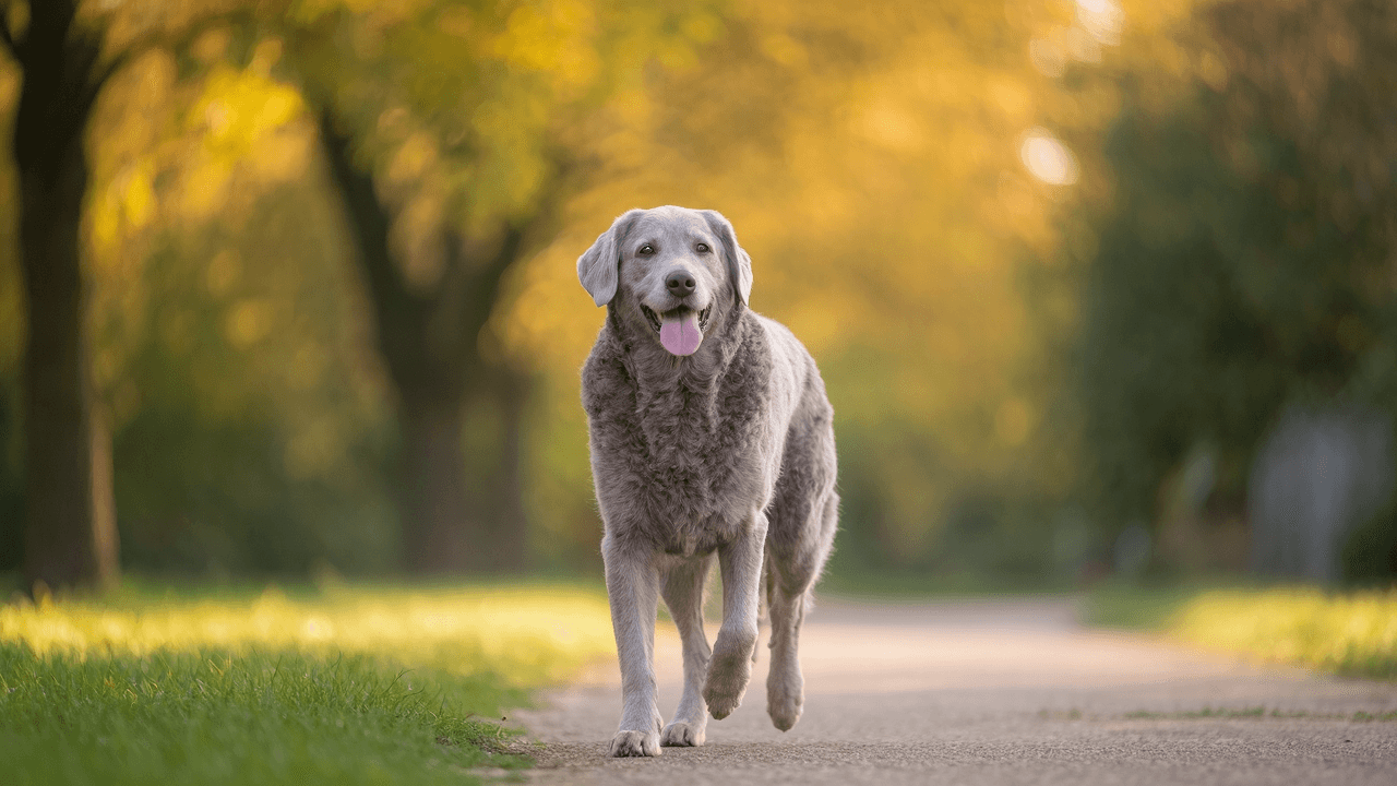 Cane anziano in buona forma fisica che cammina in un parco