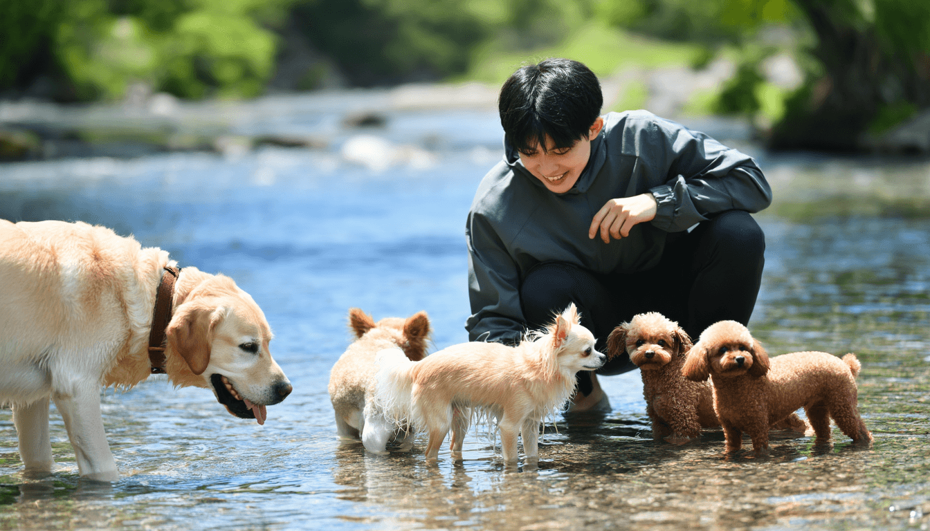 Diversi cani di razze diverse che giocano in acqua bassa con i loro proprietari
