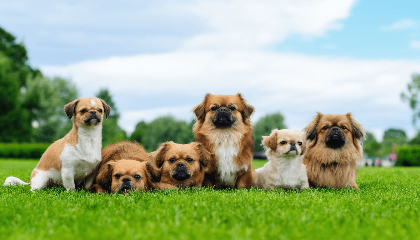 Collezione di cani di razza piccola seduti insieme su un prato verde