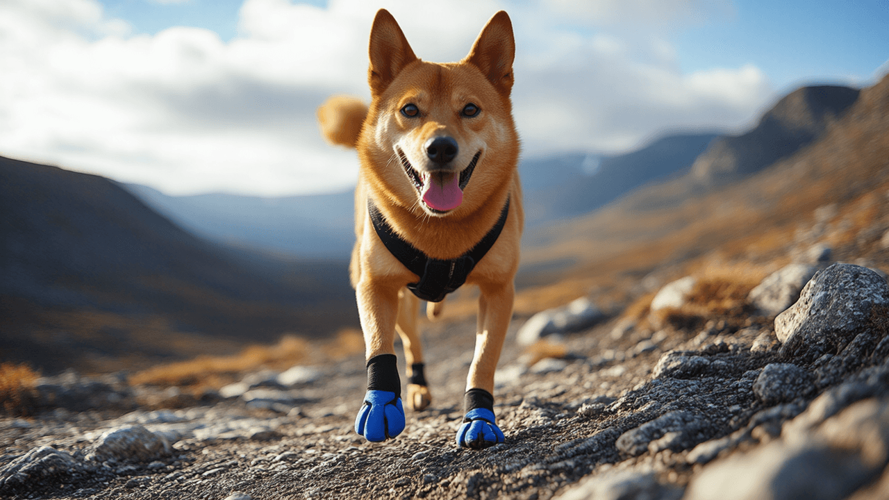 Cane che indossa scarpe protettive durante una passeggiata su terreno roccioso