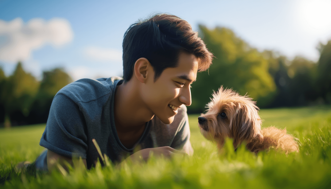 Cane felice che guarda affettuosamente il proprietario
