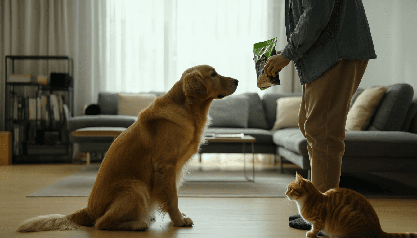 Proprietario che offre bocconcini a un cane e un gatto contemporaneamente