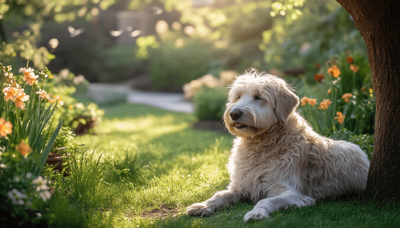 Cane anziano seduto serenamente in un giardino soleggiato