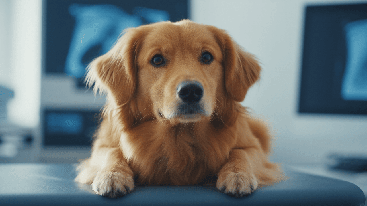 Cane tranquillo durante la preparazione per una radiografia con veterinario rassicurante