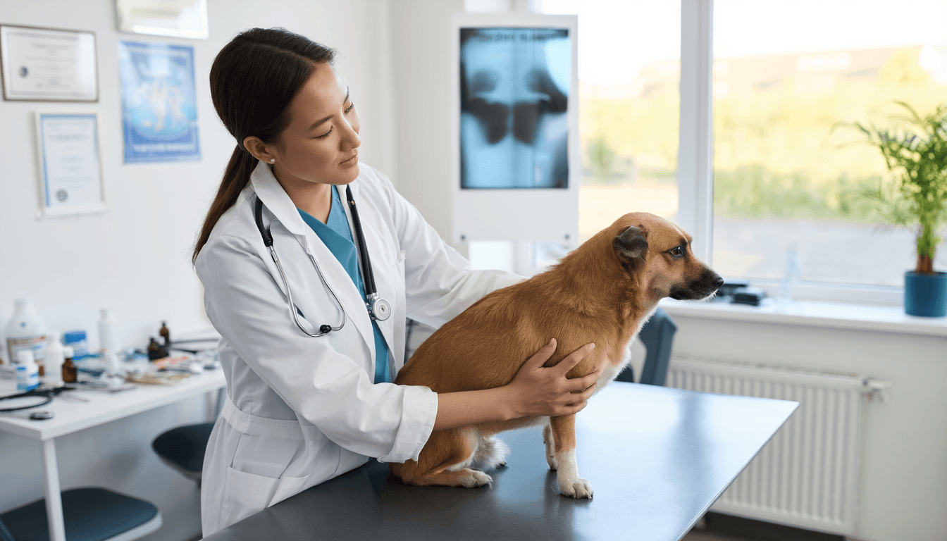 Veterinario che esegue una radiografia su un cane in una clinica veterinaria moderna