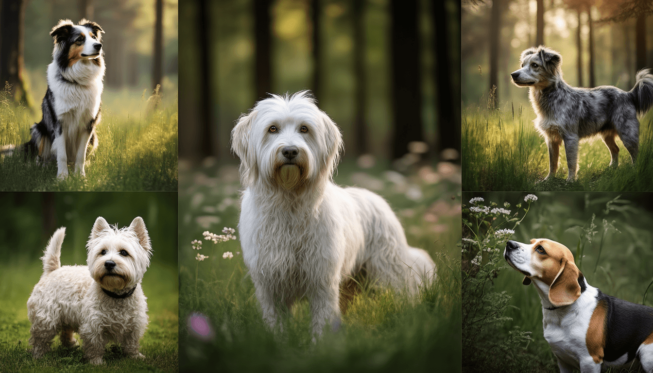 Collage di diverse razze di cani longevi in un ambiente naturale