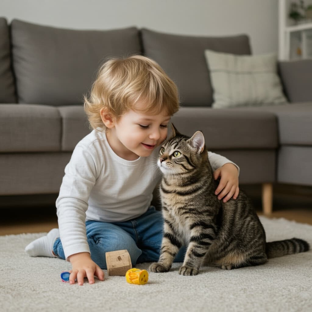 Bambino che gioca dolcemente con un gatto domestico in salotto