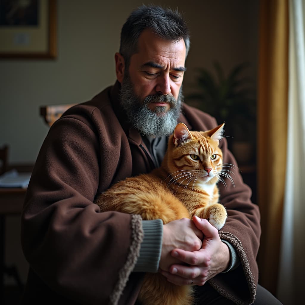 Uomo anziano che tiene in braccio un gatto,