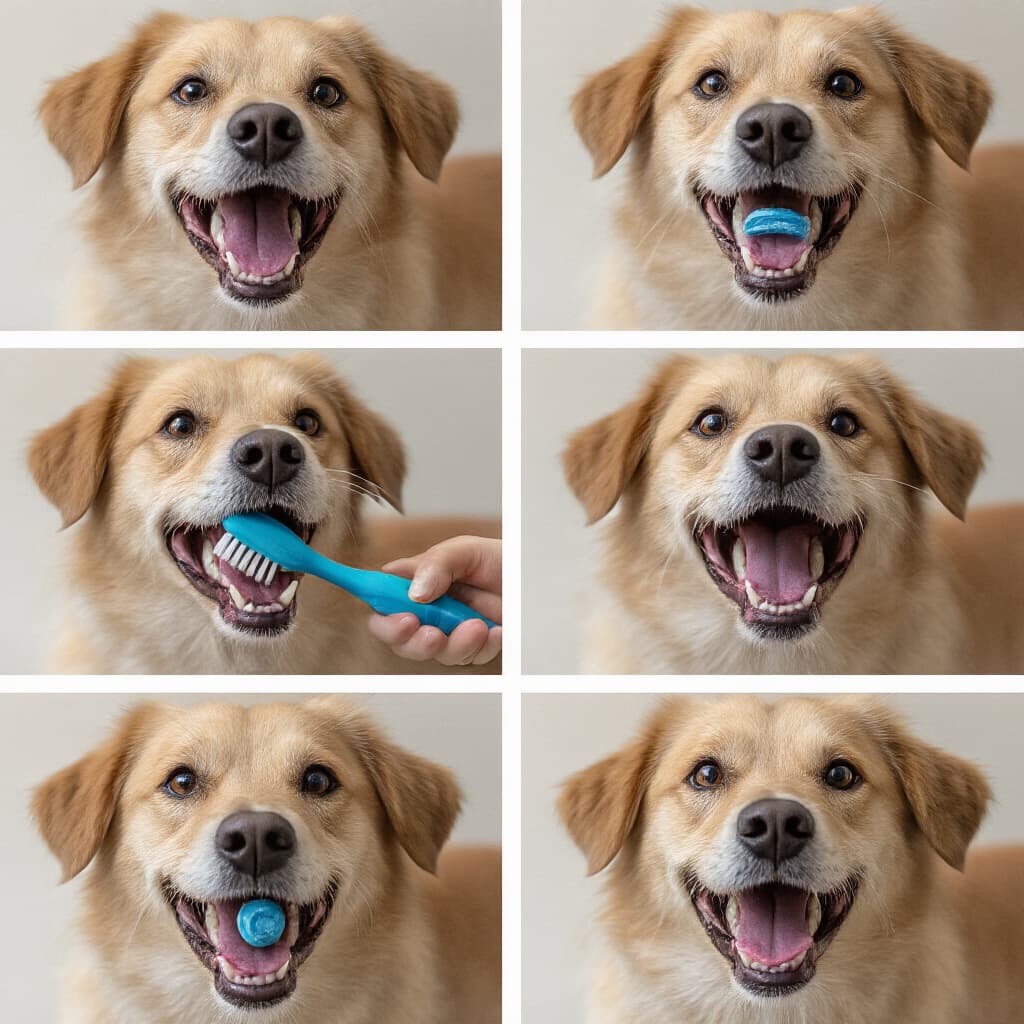 Dimostrazione della tecnica corretta per spazzolare i denti di un cane con movimenti circolari