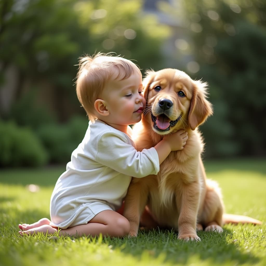 Bambino che abbraccia affettuosamente un Golden Retriever nel giardino di casa