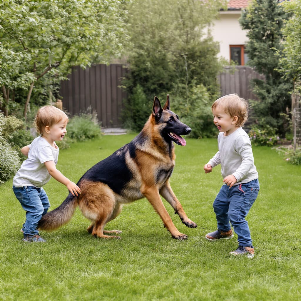 Pastore Belga Malinois che gioca con bambini in un giardino domestico