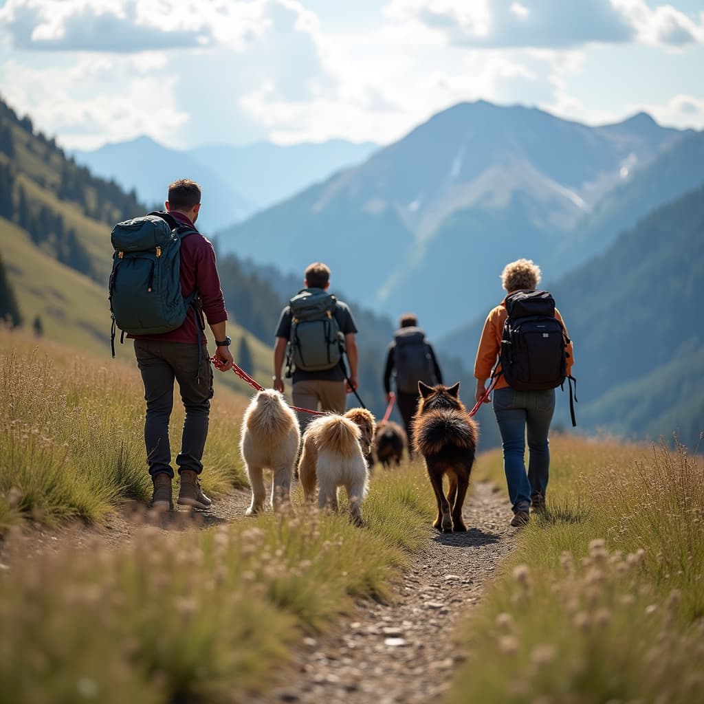 Gruppo di escursionisti con cani durante un trekking in montagna, guida esperta che indica il percorso