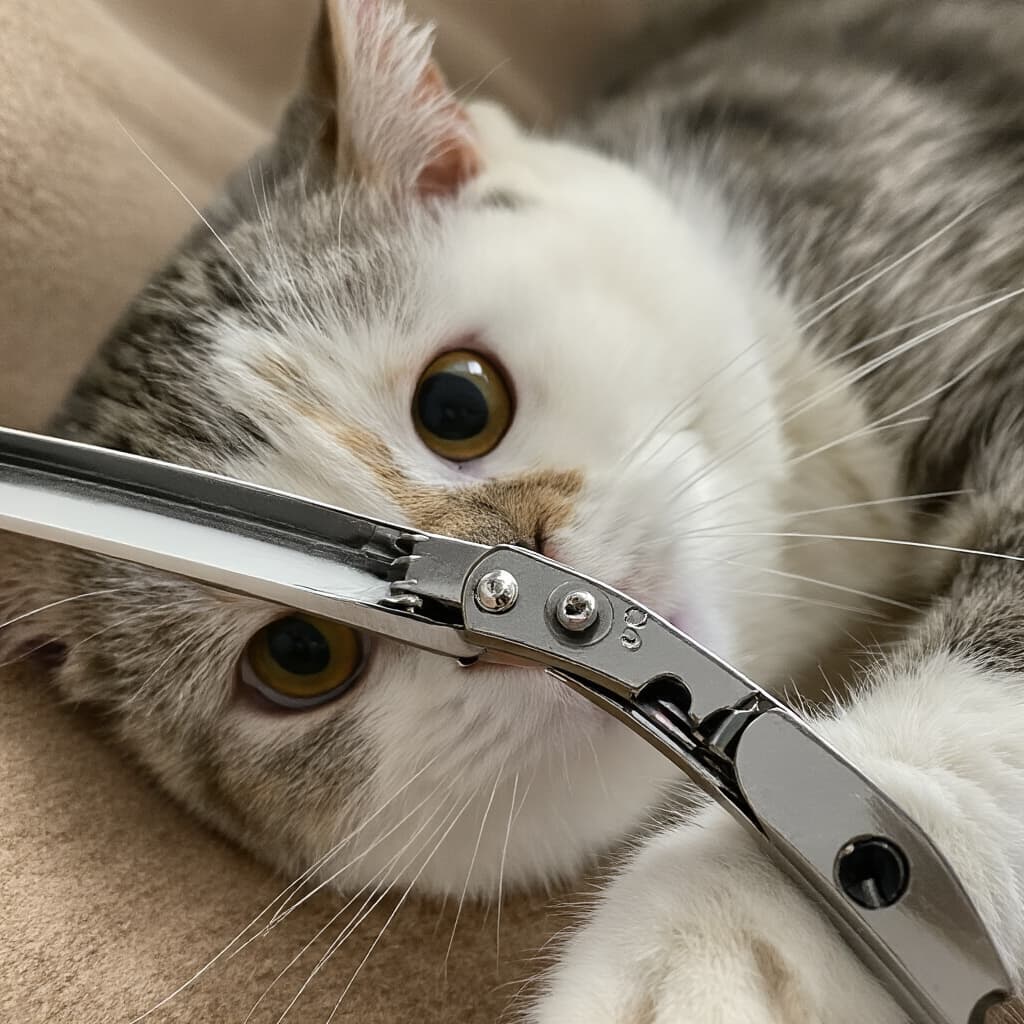 Set di strumenti per la cura delle unghie del gatto su un tavolo pulito