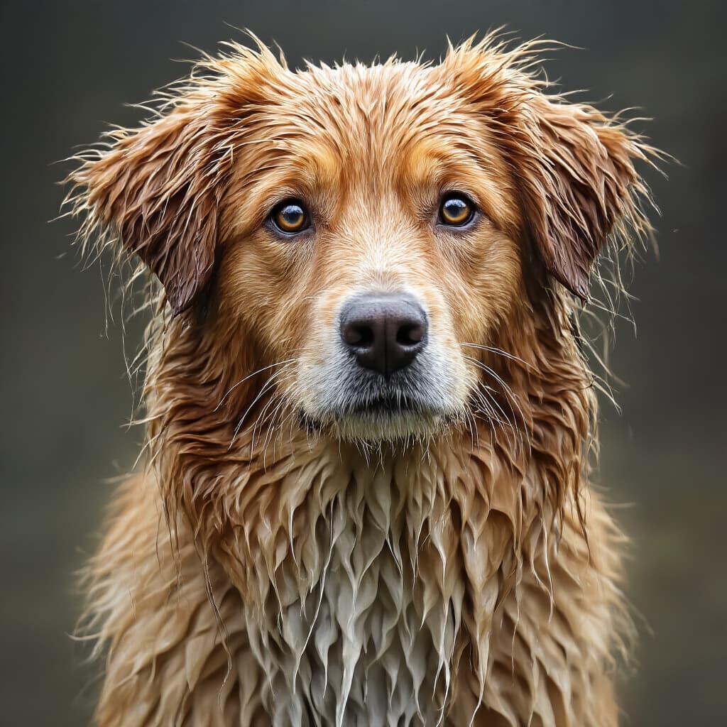 Primo piano di un cane con pelo bagnato che necessita di asciugatura