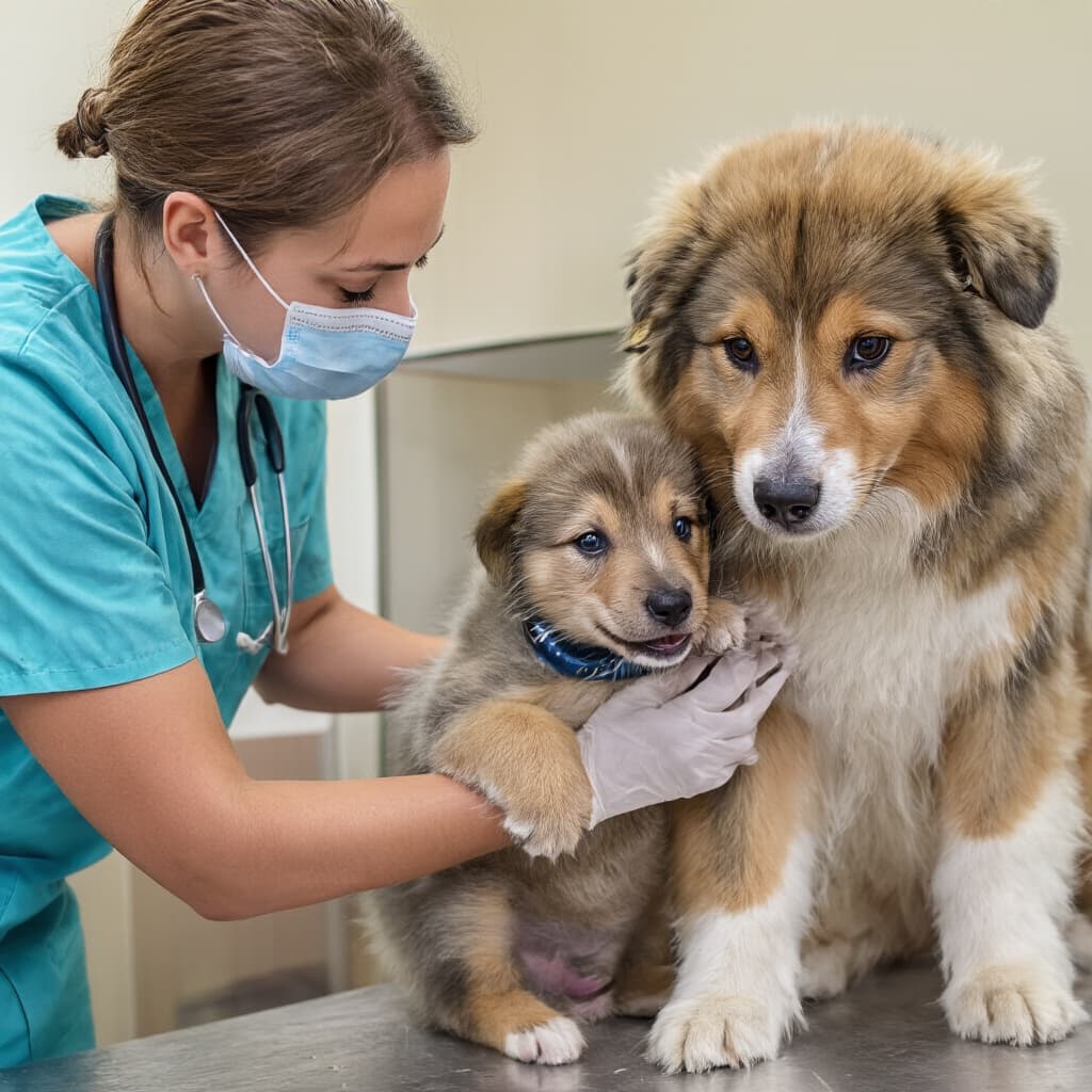 Veterinario che visita un cucciolo durante la fase di svezzamento